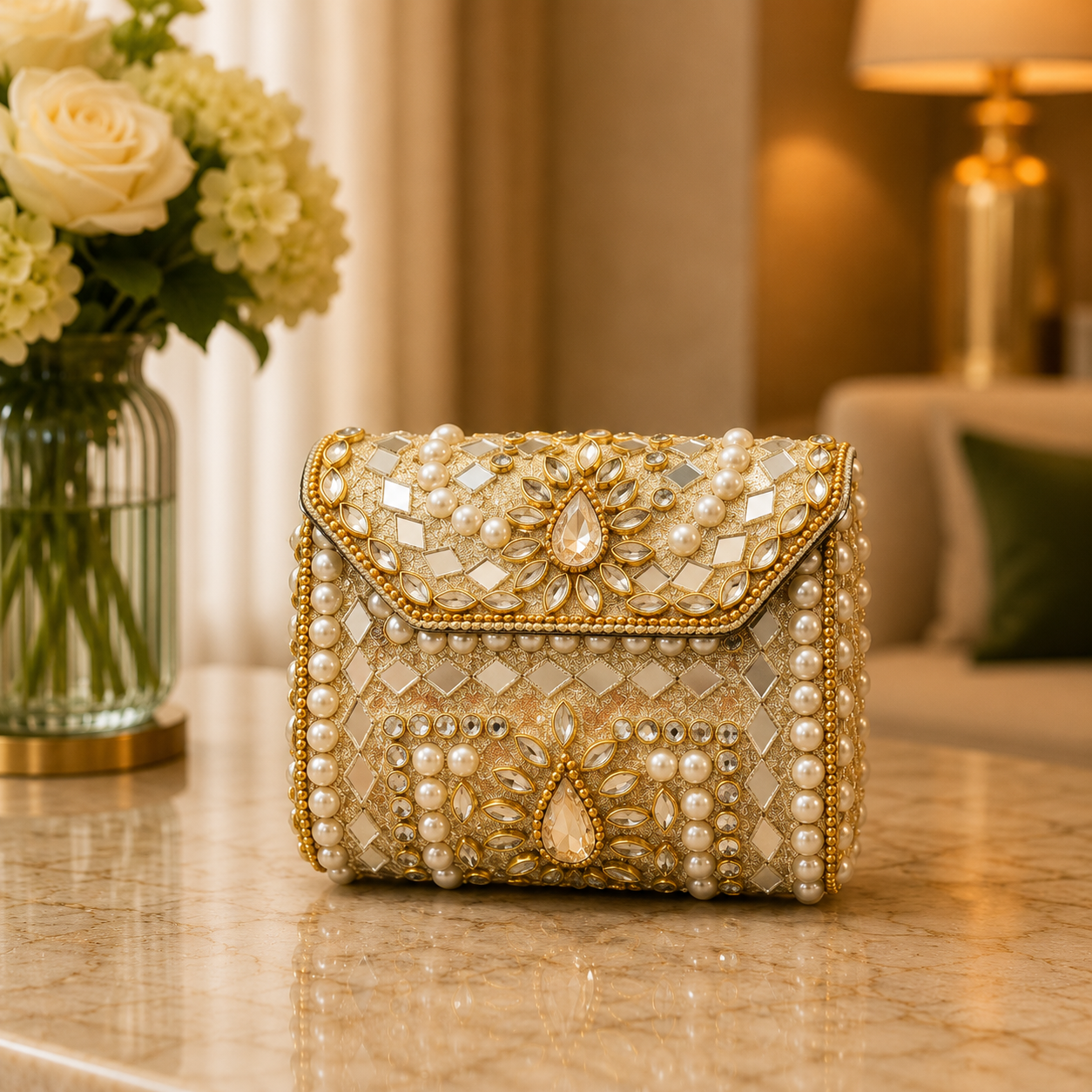 Kundan Pearl Miniature Bag Rectangle