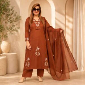 Brown Floral Embroidered Suit Set