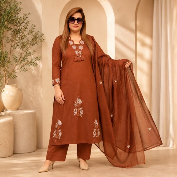 Brown Floral Embroidered Suit Set