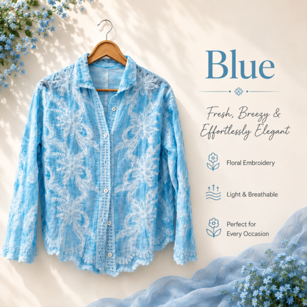 Premium Floral Embroidered Cotton Shirt - Blue, free size (fits up to XL)