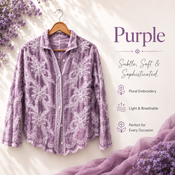 Premium Floral Embroidered Cotton Shirt - Purple, free size (fits up to XL)