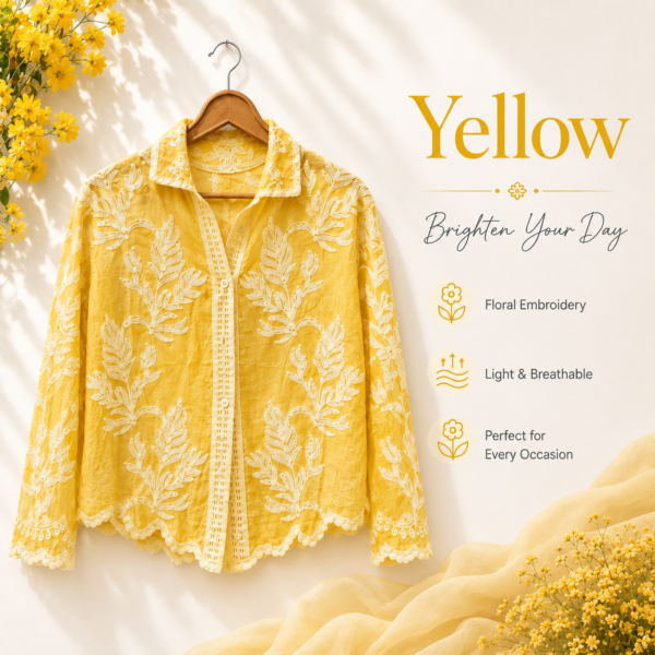 Premium Floral Embroidered Cotton Shirt - Yellow, free size (fits up to XL)