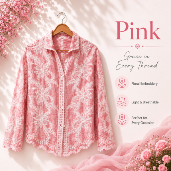 Premium Floral Embroidered Cotton Shirt - pink, free size (fits up to XL)
