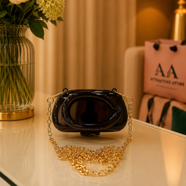 Premium Black Metallic Box Clutch with Gold Chain
