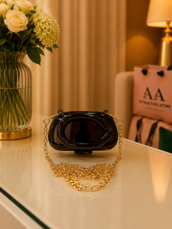 Premium Black Metallic Box Clutch with Gold Chain