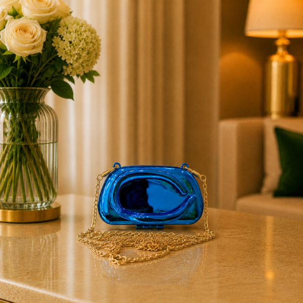 Premium Blue Metallic Box Clutch with Chain
