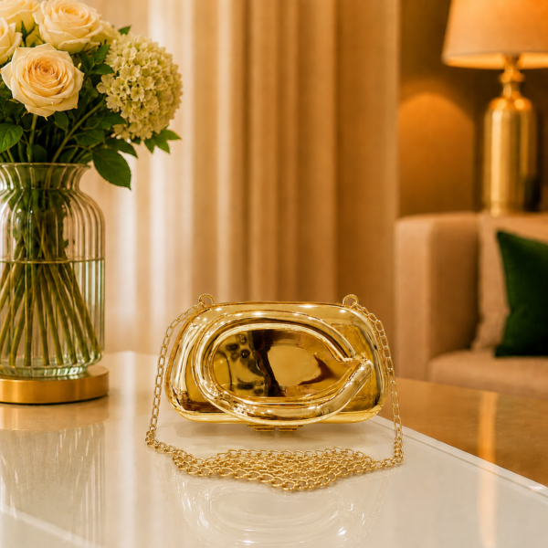 Premium Golden Metallic Box Clutch with Chain