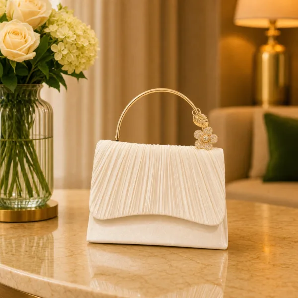 Ivory Pleated Crystal Handle Clutch