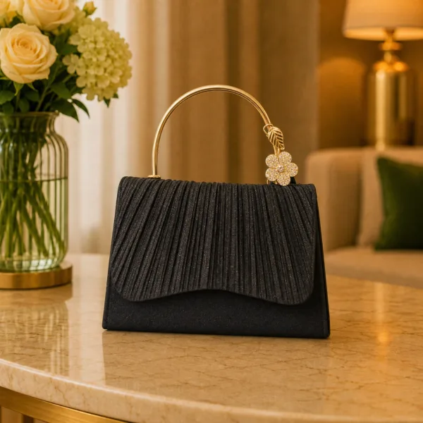 Midnight Black Pleated Crystal Handle Clutch