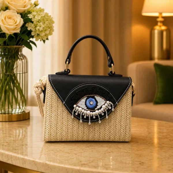 Evil Eye Straw Tote Bag - White - Black