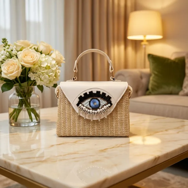 Evil Eye Straw Tote Bag - White