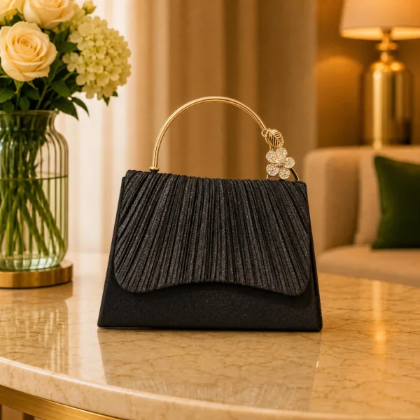Black Pleated Floral Handle Clutch