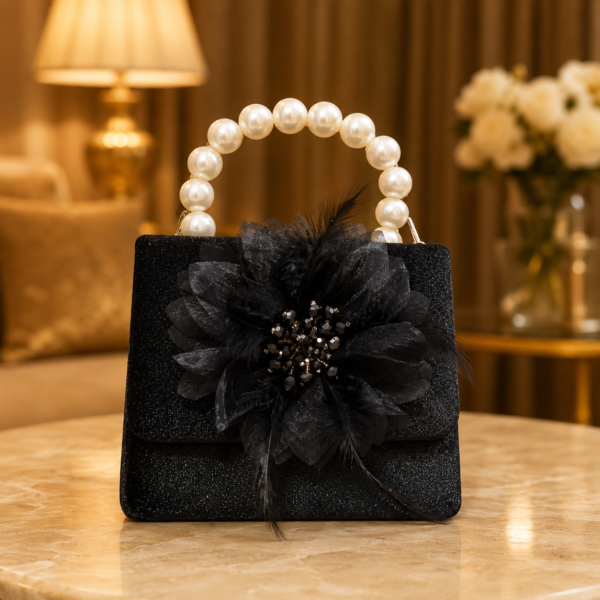 Blush Black Feather Pearl Clutch