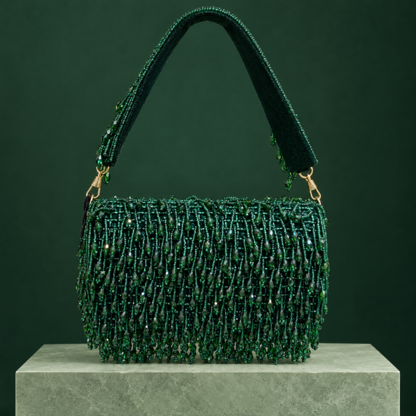 Emerald Green Beaded Fringe Shoulder Bag
