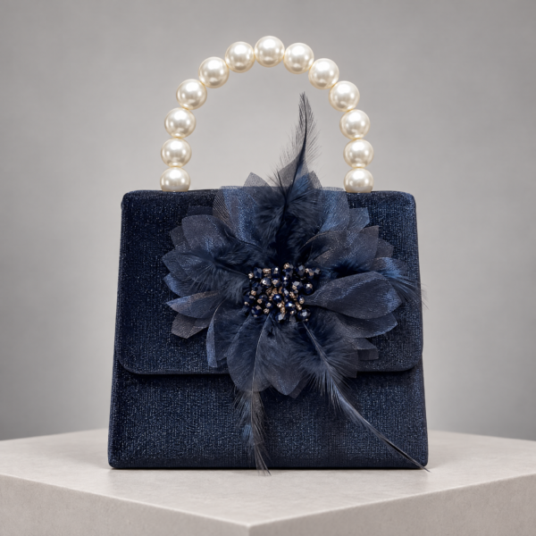 Navy Pearl Handle Feather Clutch